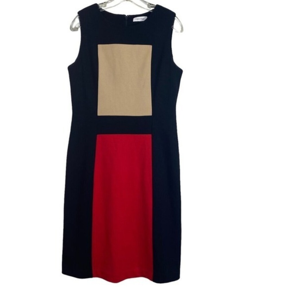 Calvin Klein‎ Colorblock Sheath Dress Size 6 Sleeveless Black Red Beige  Office - Picture 4 of 11